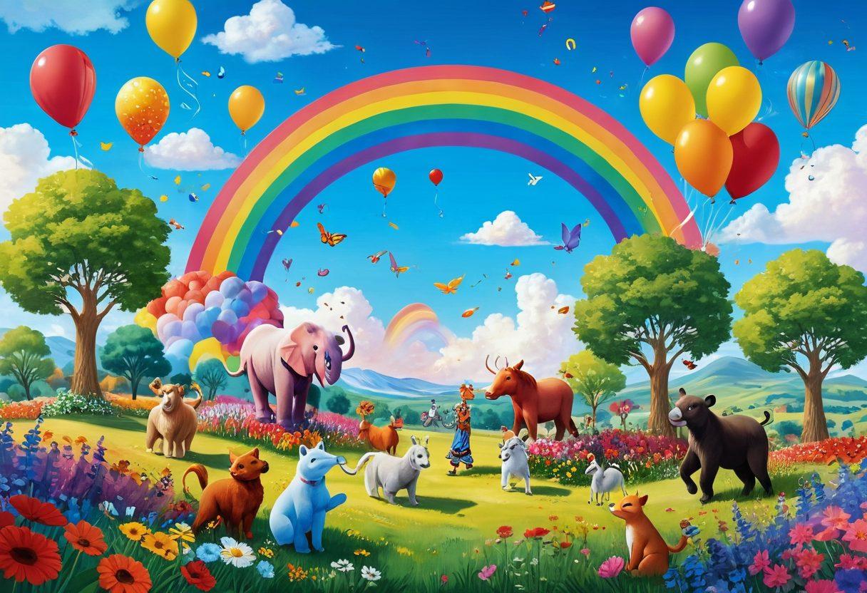 A colorful and whimsical landscape filled with joyful characters dancing and laughing under a bright blue sky, surrounded by vibrant flowers, balloons, and playful animals. Include elements like a rainbow, confetti in the air, and joyful expressions that evoke happiness and cheerfulness. The overall theme should radiate positivity and whimsicality. 3D. vibrant colors.
