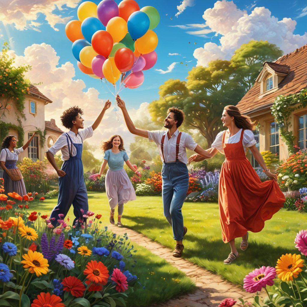 A whimsical scene depicting a vibrant garden filled with diverse flowers and plants, symbolizing exuberance and joy. In the foreground, a group of happy people of varying ages engage in playful activities, such as dancing, painting, and laughing together. The sky is filled with bright, fluffy clouds and a radiant sun, portraying a sense of warmth and positivity. Colorful balloons float around, enhancing the lively atmosphere. super-realistic. vibrant colors. cheerful style.