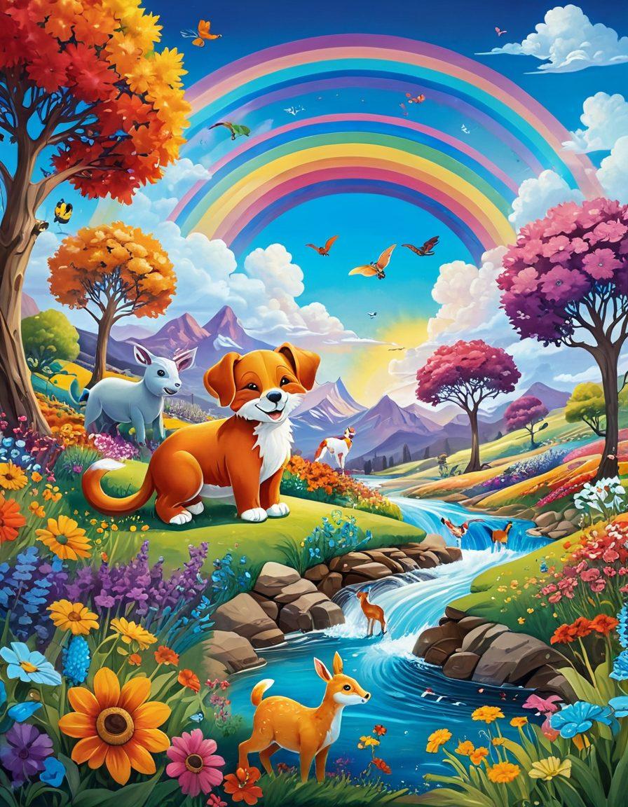 A playful scene depicting a colorful, swirling landscape filled with oversized, whimsical flowers and quirky, smiling animals celebrating under a bright, sunny sky. Include streams of rainbow-colored light weaving through the scene, creating a magical feel. The atmosphere should radiate joy and zany happiness, inviting viewers to join in. vibrant colors. super-realistic.